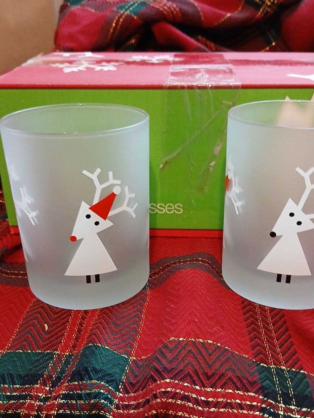 Crate&Barrel Frosted White Reindeer Votive Holders with Red Accents